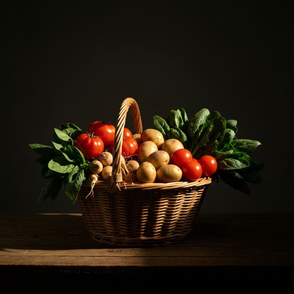 Basket of whole unprocessed vegetables and roots on a wooden surface